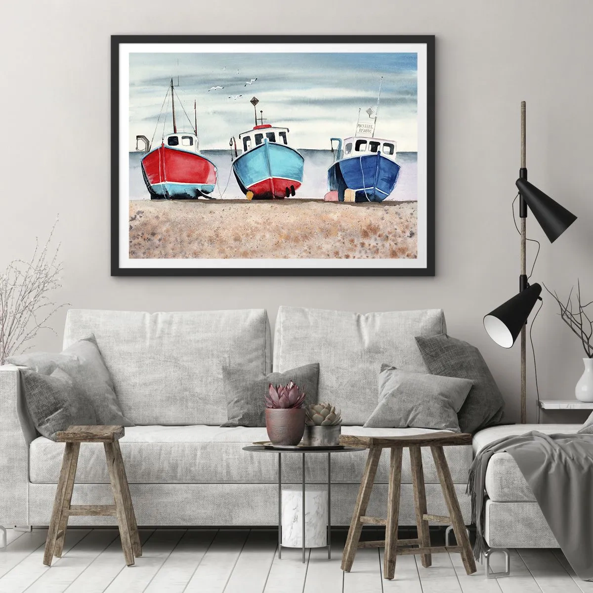 Poster in einem schwarzem Rahmen - Bunte Fischerboote am Ufer in einer Meereslandschaft - 70x50cm - Bereit zum Fang - Moderne Wanddekoration für Wohnzimmer und Schlafzimmer ARTTOR