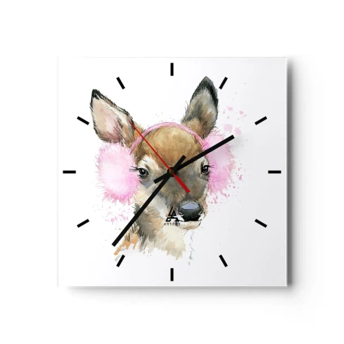 Wanduhr - Glasuhr - Aquarell Hirsch in rosa Ohrenschützern - 30x30cm - Und der Frost ist nicht mehr schrecklich - Moderne Wanddekoration für Wohnzimmer und Schlafzimmer ARTTOR