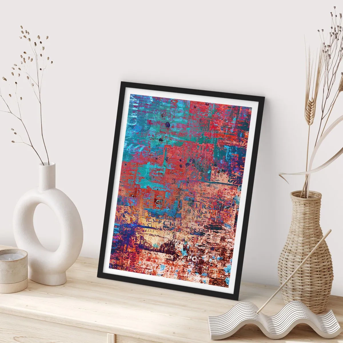Poster in einem schwarzem Rahmen - Farbenfrohe Abstraktion mit intensiven Rot- und Blautönen - 50x70cm - Erinnerung und Vergessen - Moderne Wanddekoration für Wohnzimmer und Schlafzimmer ARTTOR