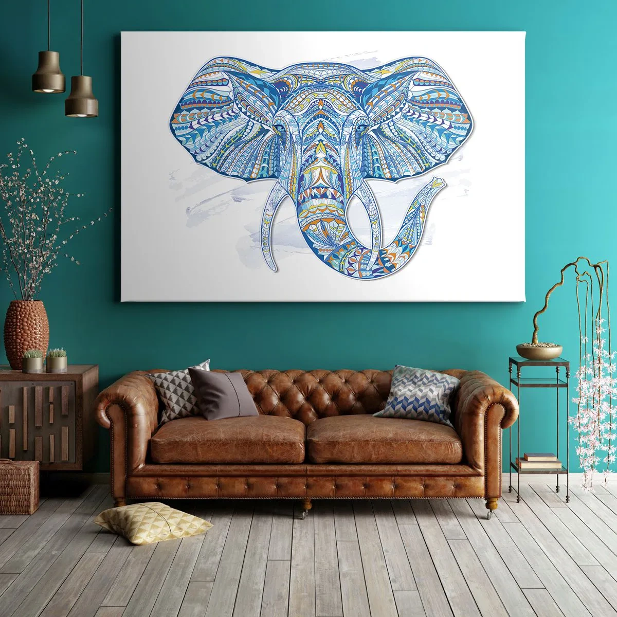 Bild auf Leinwand - Leinwandbild - Geometrischer Elefant in Blau- und Goldtönen - 70x50cm - In Gold und Blau eingelegt - Moderne Wanddekoration für Wohnzimmer und Schlafzimmer ARTTOR