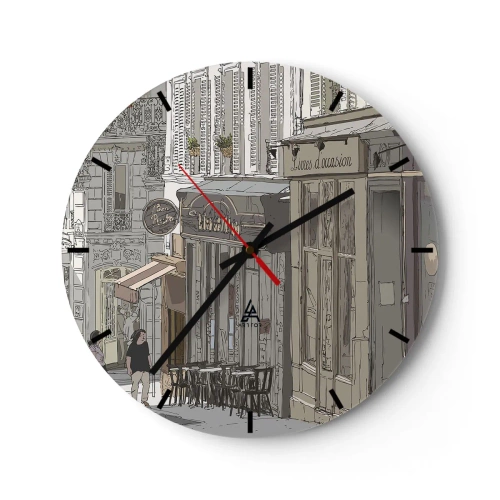 Wanduhr - Glasuhr - Eine Straße mit einem Café im Künstlerstil - 30x30cm - Stadtfreuden - Moderne Wanddekoration für Wohnzimmer, Küche und Schlafzimmer ARTTOR