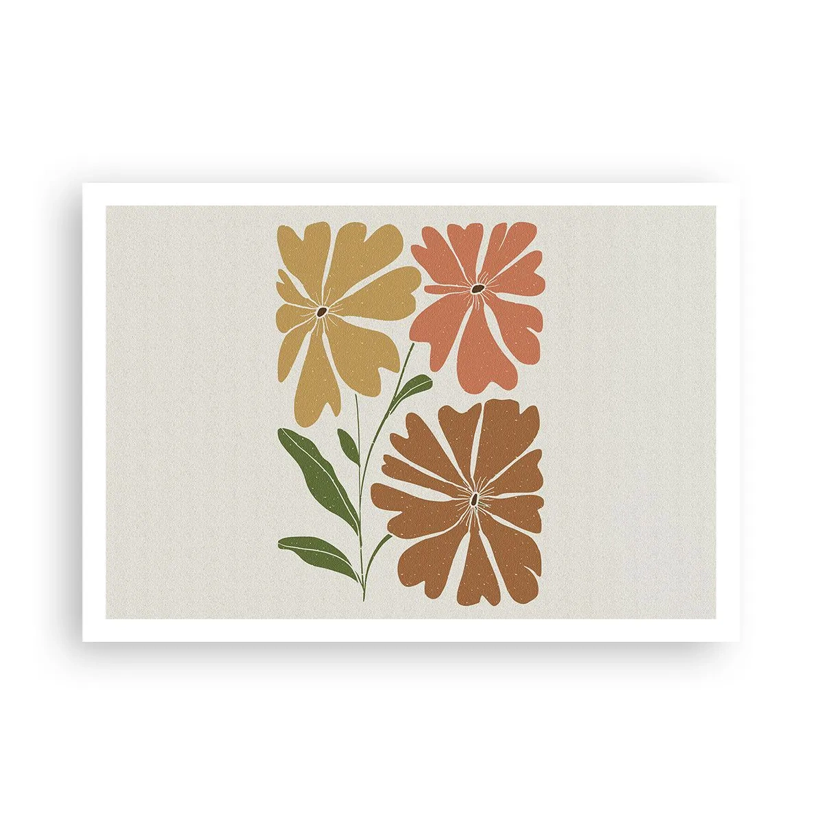 Poster - Drei Blumen in warmen Farben auf hellem Hintergrund - 100x70cm - Natur und Geometrie - Moderne Wanddekoration für Wohnzimmer und Schlafzimmer ARTTOR