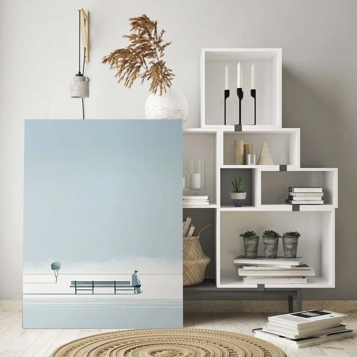 Glasbild - Bild auf glas - Eine Figur auf einer Bank in einer minimalistischen Landschaft - 50x70cm - Ja, ich warte. - Moderne Wanddekoration für Wohnzimmer und Schlafzimmer ARTTOR