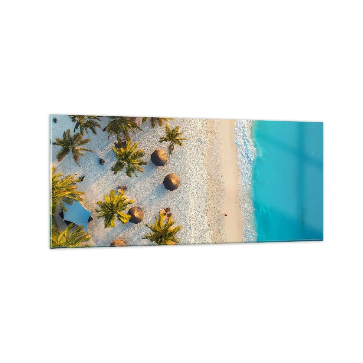 Glasbild - Bild auf glas - Blick auf einen tropischen Strand mit Palmen und türkisfarbenem Meer - 120x50cm - Willkommen im Paradies - Moderne Wanddekoration für Wohnzimmer und Schlafzimmer ARTTOR