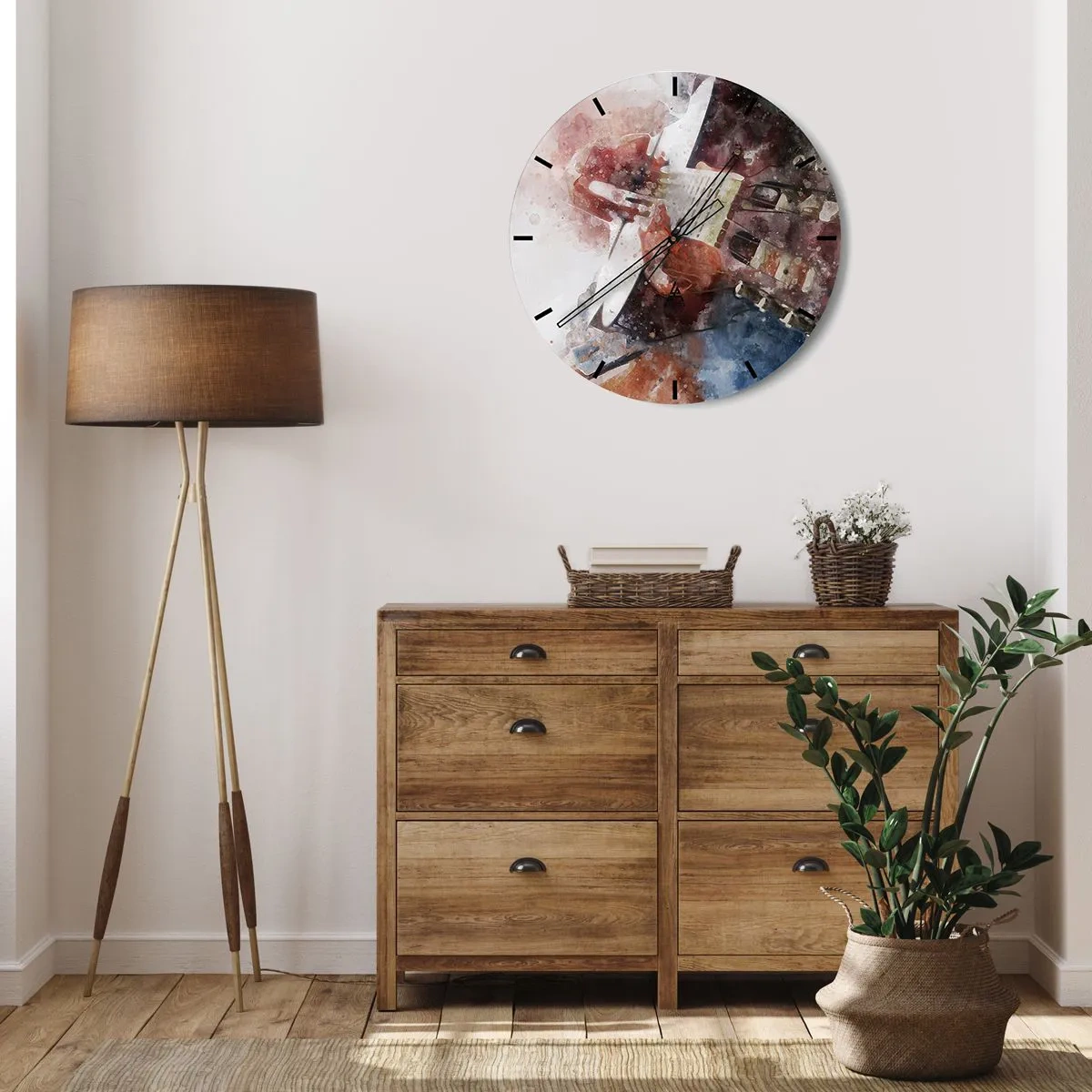 Wanduhr - Glasuhr - Künstlerisches Aquarell-Gitarrenmotiv - 30x30cm - Und was halten Sie davon? - Moderne Wanddekoration für Wohnzimmer, Küche und Schlafzimmer ARTTOR