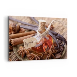 Bild auf Leinwand - Leinwandbild - Eine Flasche Gewürzöl auf einem Tablett - 120x80cm - Zur Einheit von Körper und Geist - Moderne Wanddekoration für Wohnzimmer und Schlafzimmer ARTTOR