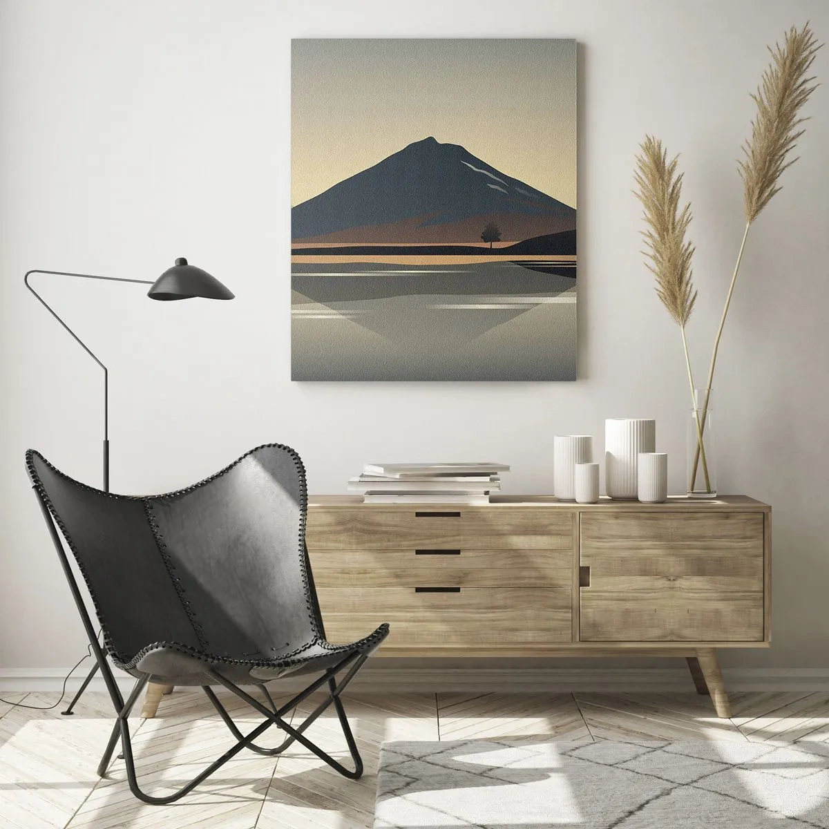 Glasbild - Bild auf glas - Minimalistische Berglandschaft mit Spiegelung im Wasser - 80x120cm - Spiegelreflexion - Moderne Wanddekoration für Wohnzimmer und Schlafzimmer ARTTOR