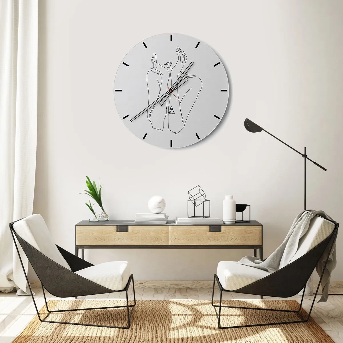 Wanduhr - Glasuhr - Eine minimalistische Zeichnung einer Hand und eines Mundes auf weißem Hintergrund. - 30x30cm - Wovon Mädchen träumen - Moderne Wanddekoration für Wohnzimmer, Küche und Schlafzimmer ARTTOR