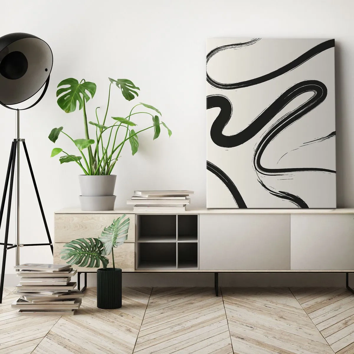 Bild auf Leinwand - Leinwandbild - Schwarz-weiße geschwungene Linien auf hellem Hintergrund - 50x70cm - Schwarz-Weiß-Laune - Moderne Wanddekoration für Wohnzimmer und Schlafzimmer ARTTOR