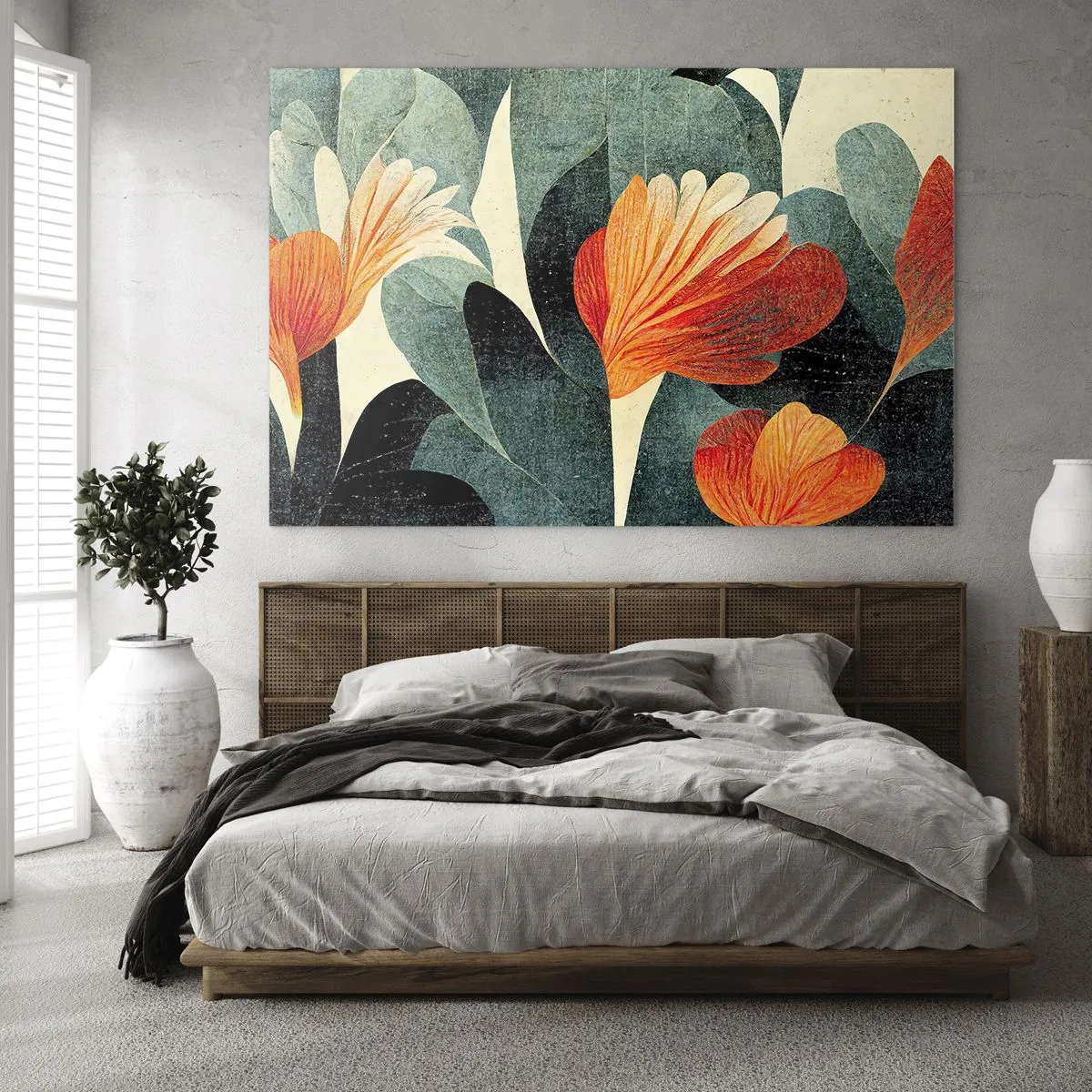 Glasbild - Bild auf glas - Orangefarbene Blüten vor einem Hintergrund aus dunkelgrünen Blättern - 100x70cm - Hitze der Tropen und Kühle des Grüns - Moderne Wanddekoration für Wohnzimmer und Schlafzimmer ARTTOR