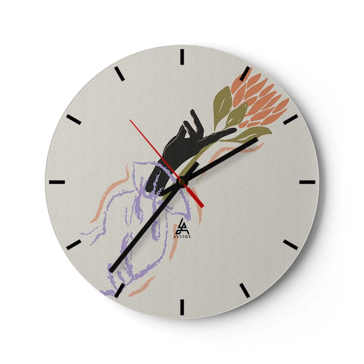 Wanduhr - Glasuhr - Eine stilisierte Hand, die eine Blume in Pastellfarben hält. - 30x30cm - Schwesterliche Berührung - Moderne Wanddekoration für Wohnzimmer, Küche und Schlafzimmer ARTTOR