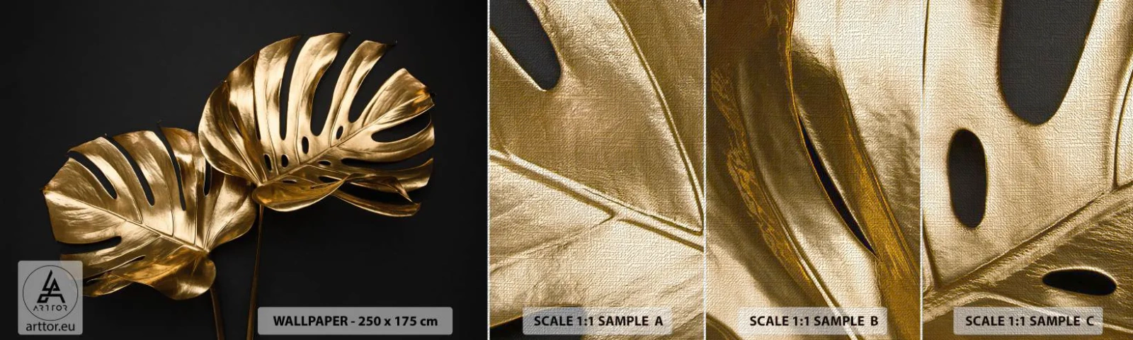 Fototapeten Muster Premium Canvas - Die Schätze der Natur - Abstraktion, Goldene Blätter, Monstera-Blatt - 100x30 cm