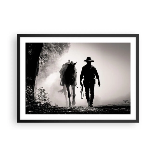 Poster in einem schwarzem Rahmen - Cowboy mit Pferd im Morgennebel - 70x50cm - Texas-Morgen - Moderne Wanddekoration für Wohnzimmer und Schlafzimmer ARTTOR