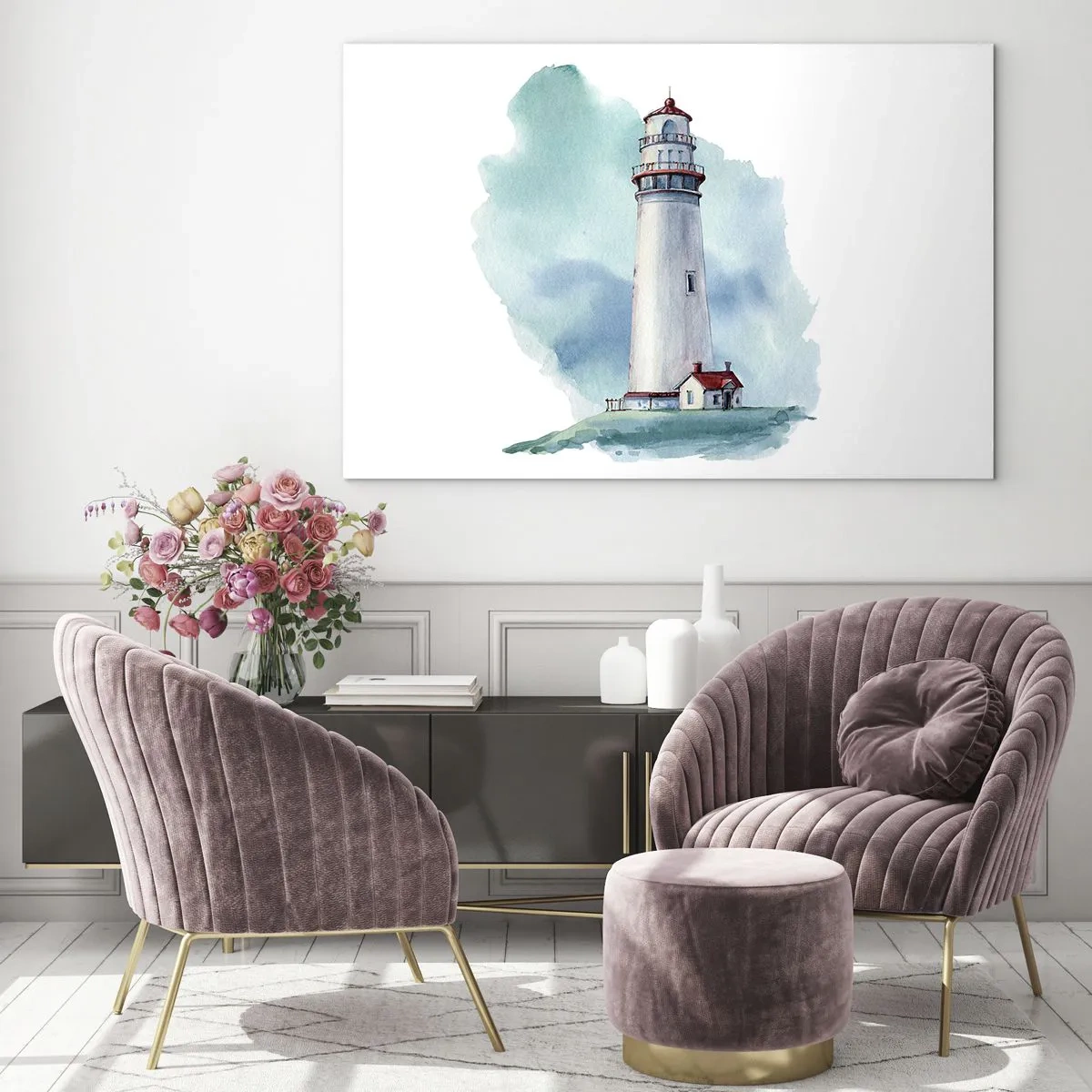 Glasbild - Bild auf glas - Ein Leuchtturm vor einem blauen Aquarellhimmel - 70x50cm - Sanfte Schwester vom Blau - Moderne Wanddekoration für Wohnzimmer und Schlafzimmer ARTTOR