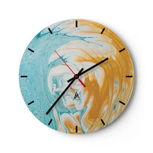 Wanduhr - Glasuhr - Ein abstrakter Wirbel in Blau-, Weiß- und Orangetönen. - 30x30cm - Pastellwirbel - Moderne Wanddekoration für Wohnzimmer, Küche und Schlafzimmer ARTTOR