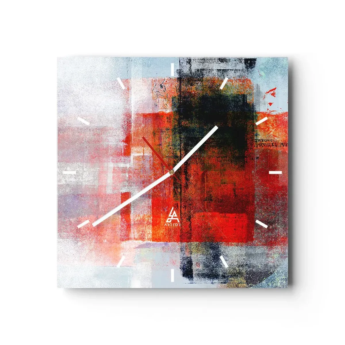 Wanduhr - Glasuhr - Abstrakte geometrische Komposition mit roten und orangefarbenen Akzenten - 30x30cm - Komposition leuchtet - Moderne Wanddekoration für Wohnzimmer und Schlafzimmer ARTTOR