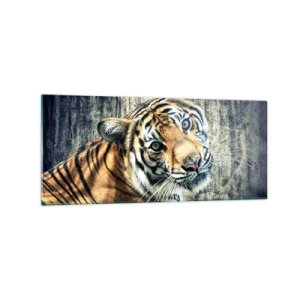 Glasbild - Bild auf glas - Ein Tiger liegt an einer rauen Wand - 120x50cm - Portrait in Lichtstrahlen - Moderne Wanddekoration für Wohnzimmer und Schlafzimmer ARTTOR