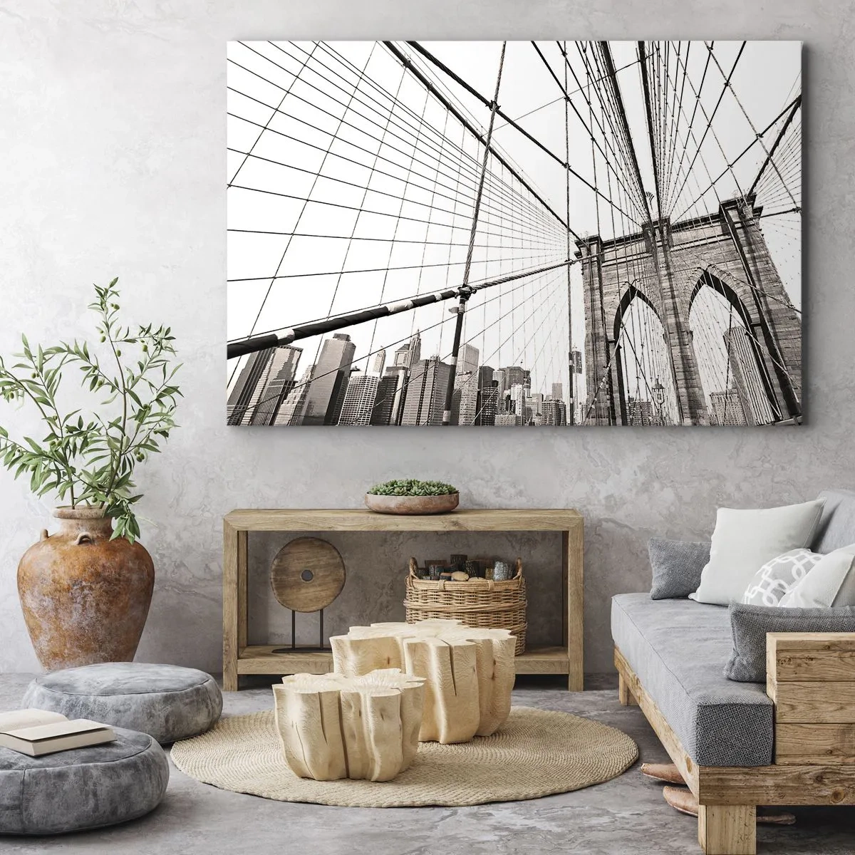 Bild auf Leinwand - Leinwandbild - Die Brooklyn Bridge in Schwarzweiß - 70x50cm - New Yorker Kathedrale - Moderne Wanddekoration für Wohnzimmer und Schlafzimmer ARTTOR