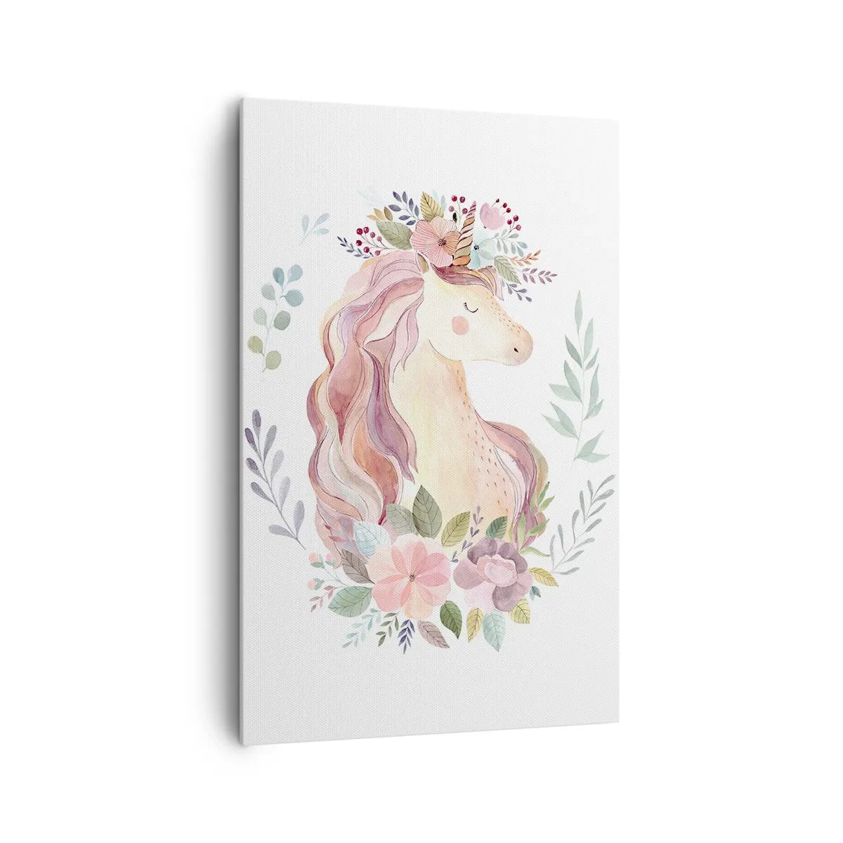 Bild auf Leinwand - Leinwandbild - Ein Einhorn in Pastellfarben, umgeben von Blumen - 80x120cm - Eine Einladung in die Welt der Märchen - Moderne Wanddekoration für Wohnzimmer und Schlafzimmer ARTTOR