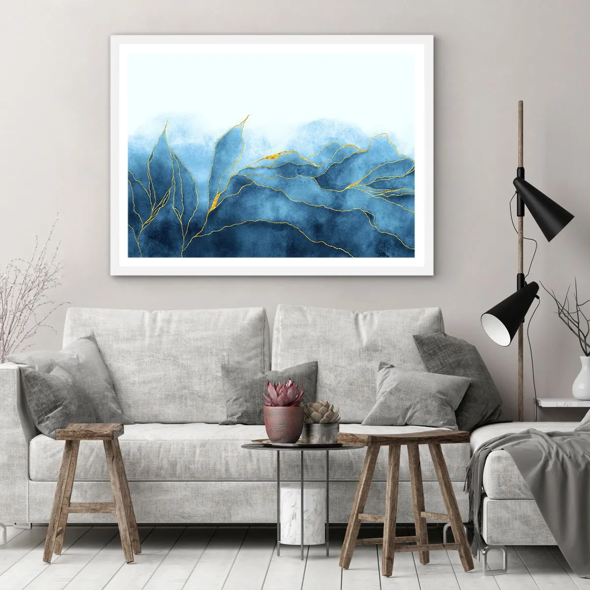 Poster in einem weißen Rahmen - Blau im Gold - 70x50 cm