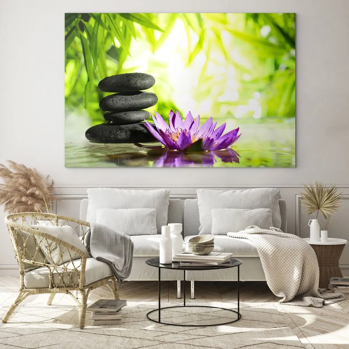 Glasbild - Bild auf glas - Lila Lotusblüte mit Zen-Steinen auf grünem Hintergrund - 120x80cm - In einem Bambusbusch - Moderne Wanddekoration für Wohnzimmer und Schlafzimmer ARTTOR
