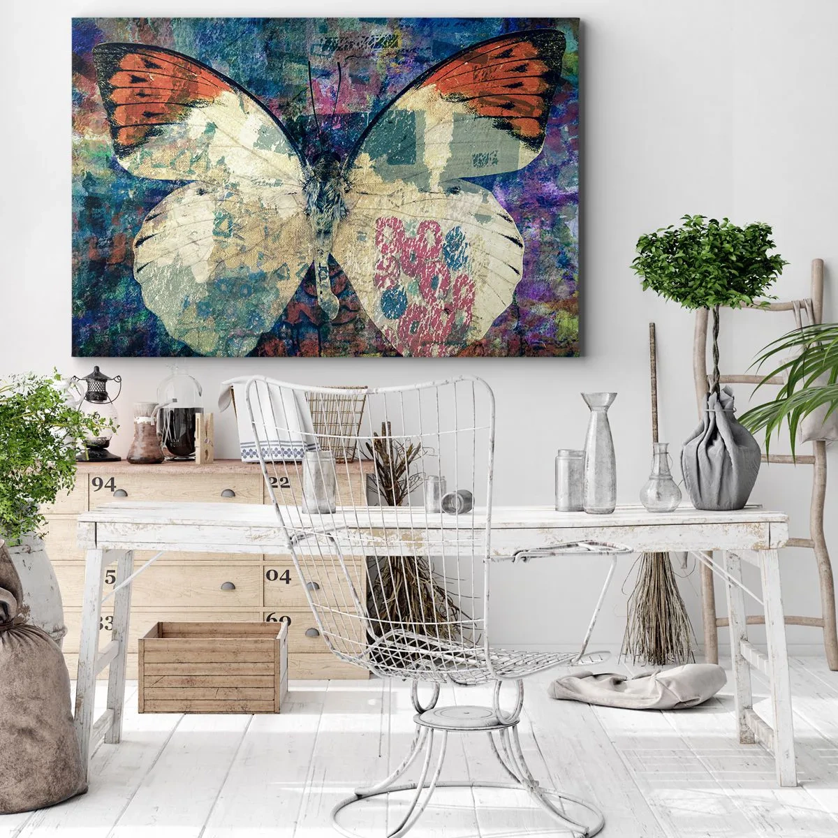 Bild auf Leinwand - Leinwandbild - Schmetterling in einem abstrakten künstlerischen Hintergrund mit bunten Details - 100x70cm - Subtile Zerbrechlichkeit - Moderne Wanddekoration für Wohnzimmer und Schlafzimmer ARTTOR