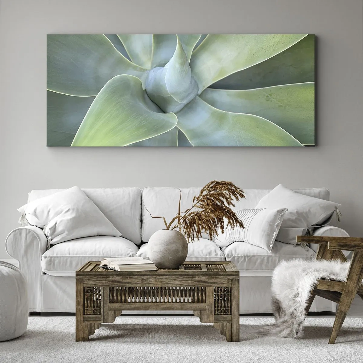Bild auf Leinwand - Leinwandbild - Dezente Agavenblätter in Grüntönen - 140x50cm - Geburt des Grüns - Moderne Wanddekoration für Wohnzimmer und Schlafzimmer ARTTOR