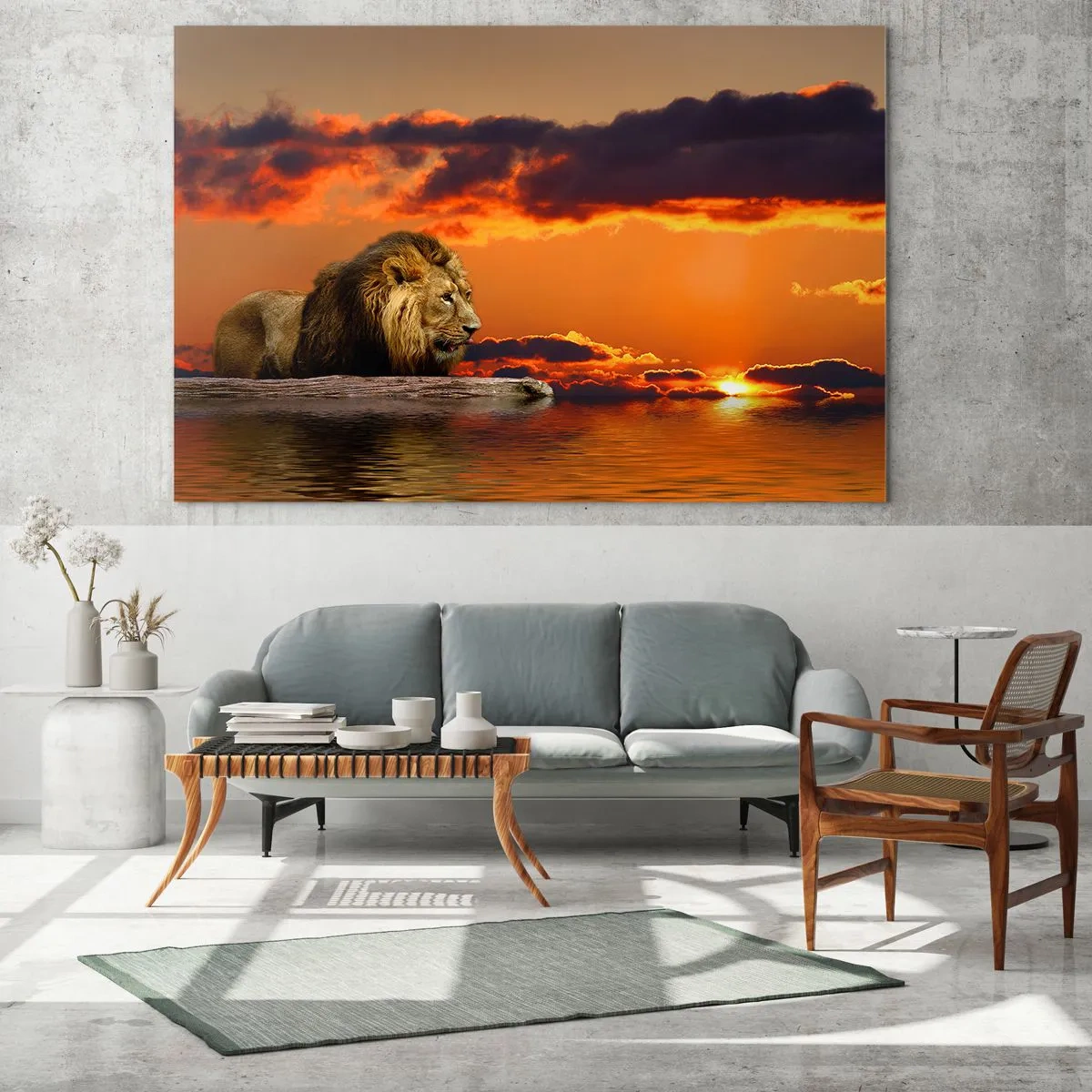 Glasbild - Bild auf glas - Ein Löwe vor dem Hintergrund der untergehenden Sonne - 120x80cm - König der Natur - Moderne Wanddekoration für Wohnzimmer und Schlafzimmer ARTTOR