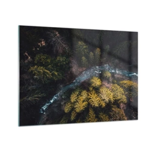 Glasbild - Bild auf glas - Eine Vogelperspektive auf eine Waldlandschaft mit einem gewundenen Bach - 70x50cm - Schnell und immer schneller - Moderne Wanddekoration für Wohnzimmer und Schlafzimmer ARTTOR