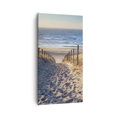 Bild auf Leinwand - Leinwandbild - Das Rauschen des Meeres, der Gesang der Vögel, ein wilder Strand im Gras ... - 55x100 cm