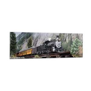 Glasbild - Bild auf glas - Eine Dampflokomotive auf einer Brücke in einer malerischen Berglandschaft - 160x50cm - Wo willst du hin? Wohin? - Moderne Wanddekoration für Wohnzimmer und Schlafzimmer ARTTOR