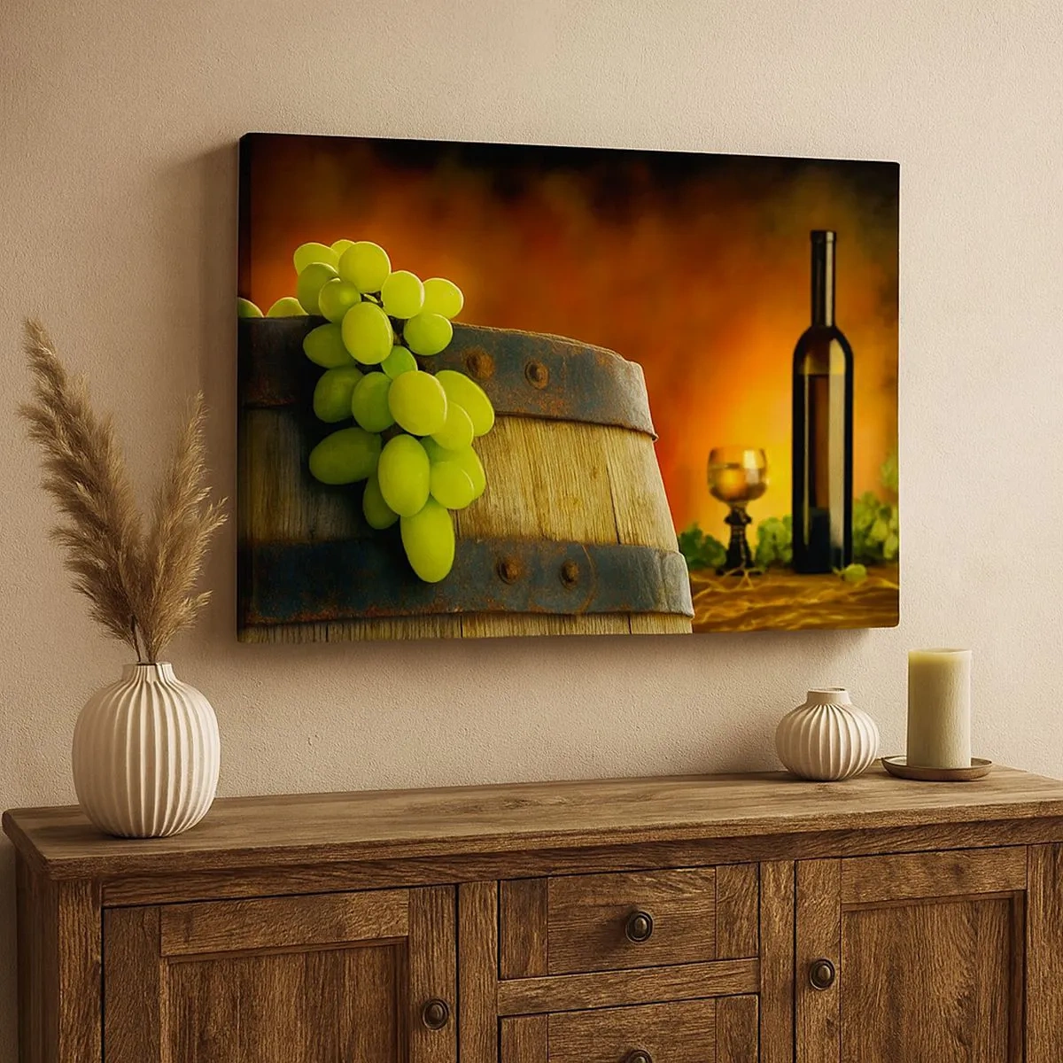 Bild auf Leinwand - Leinwandbild - Trauben auf einem Weinfass mit warmer Farbgebung im Hintergrund - 70x50cm - Stillleben mit einer Flasche Wein und einer Weintraube - Moderne Wanddekoration für Wohnzimmer und Schlafzimmer ARTTOR