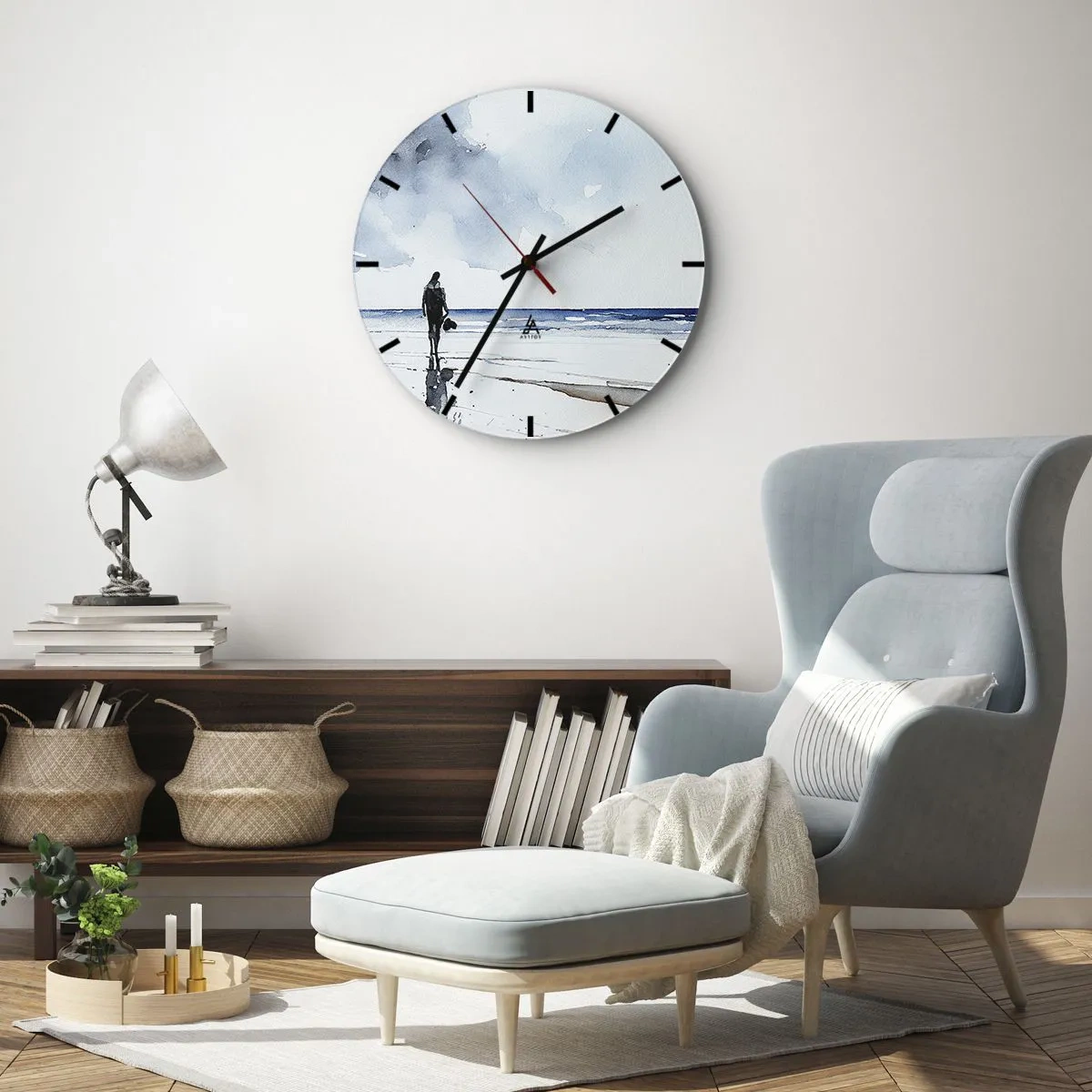 Wanduhr - Glasuhr - Eine Figur am Strand mit Blick aufs Meer - 30x30cm - Gespräch mit dem Meer - Moderne Wanddekoration für Wohnzimmer, Küche und Schlafzimmer ARTTOR