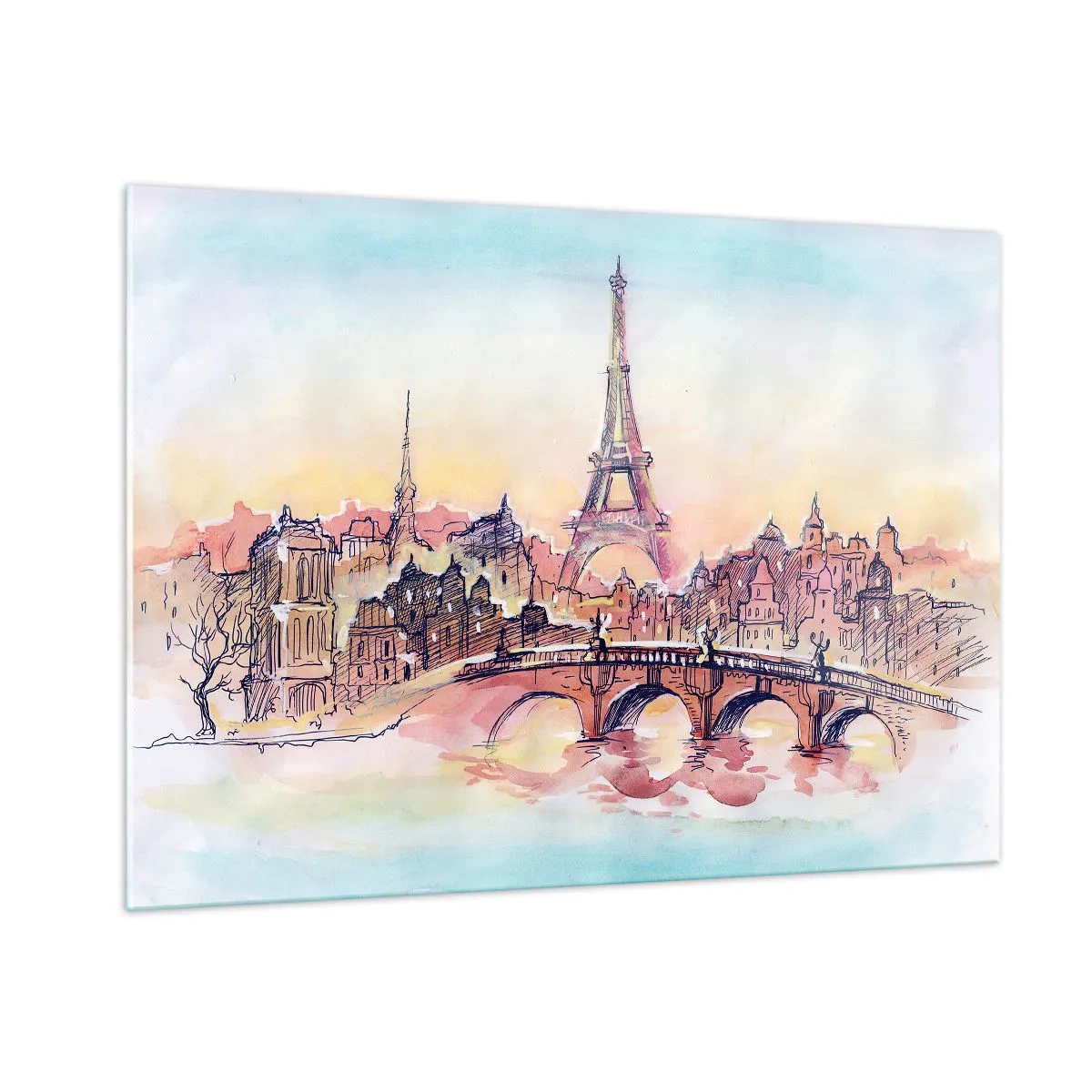 Glasbild - Bild auf glas - Ein Panorama von Paris mit dem Eiffelturm in einem zarten Aquarellstil - 100x70cm - Die einzige Stadt dieser Art auf der Welt - Moderne Wanddekoration für Wohnzimmer und Schlafzimmer ARTTOR