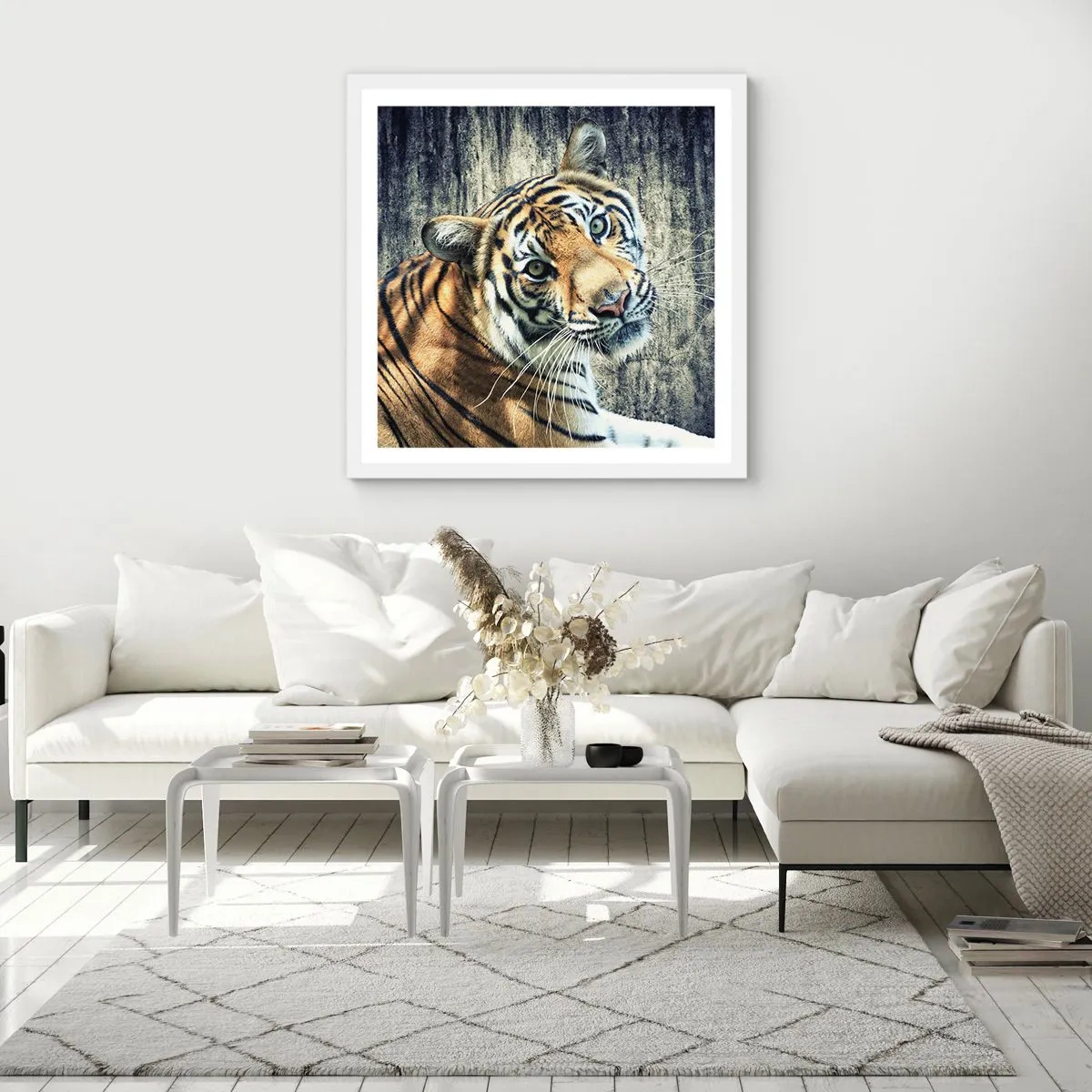 Poster in einem weißen Rahmen - Portrait in Lichtstrahlen - 50x50 cm