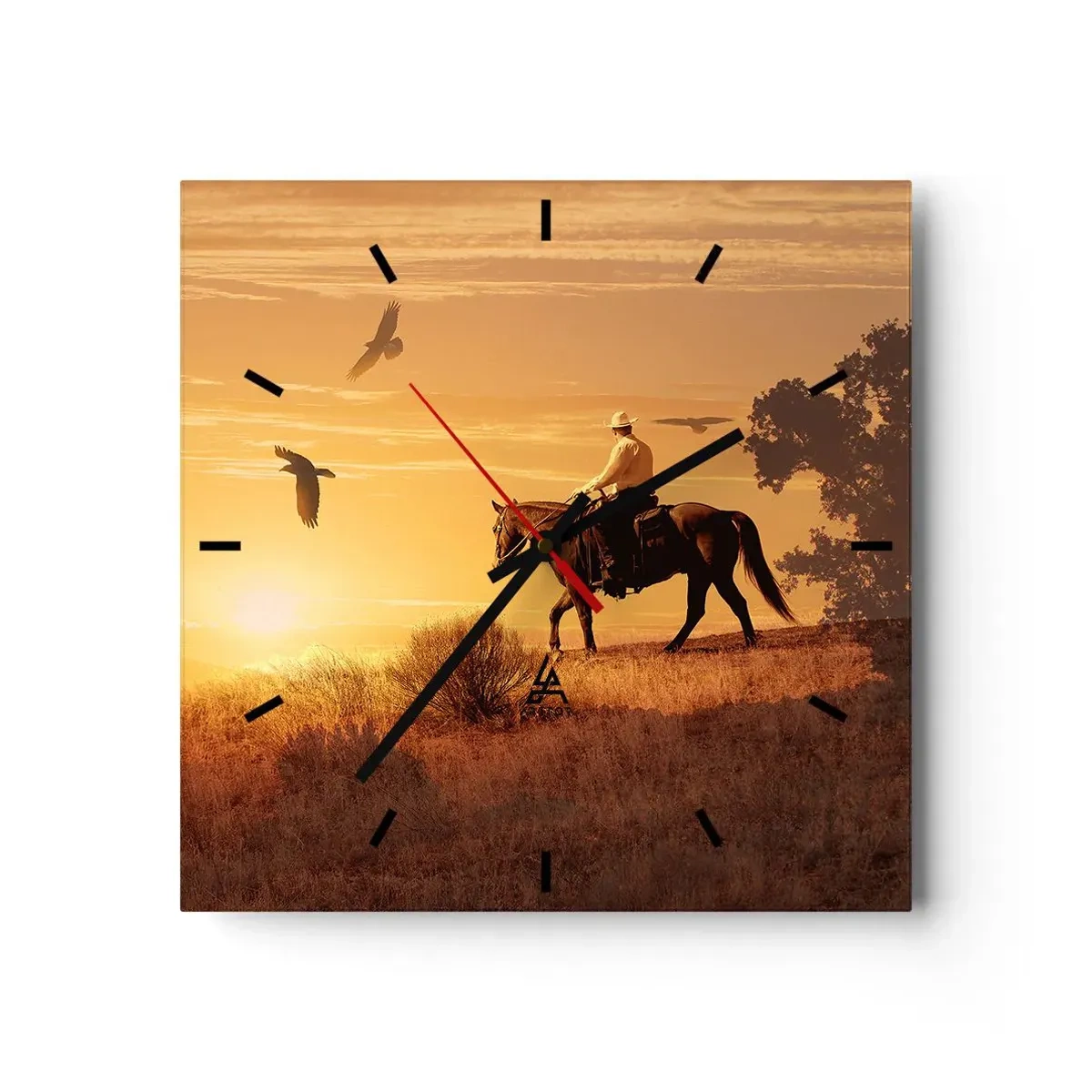 Wanduhr - Glasuhr - Ein Reiter auf einem Pferd bei Sonnenuntergang vor der Prärie - 30x30cm - Allein durch die Prärie - Moderne Wanddekoration für Wohnzimmer und Schlafzimmer ARTTOR