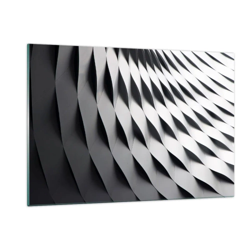 Glasbild - Bild auf glas - Eine abstrakte schwarz-weiße Struktur, die an wellenförmige Formen erinnert. - 120x80cm - Auf der Oberfläche der Wellen - Moderne Wanddekoration für Wohnzimmer und Schlafzimmer ARTTOR