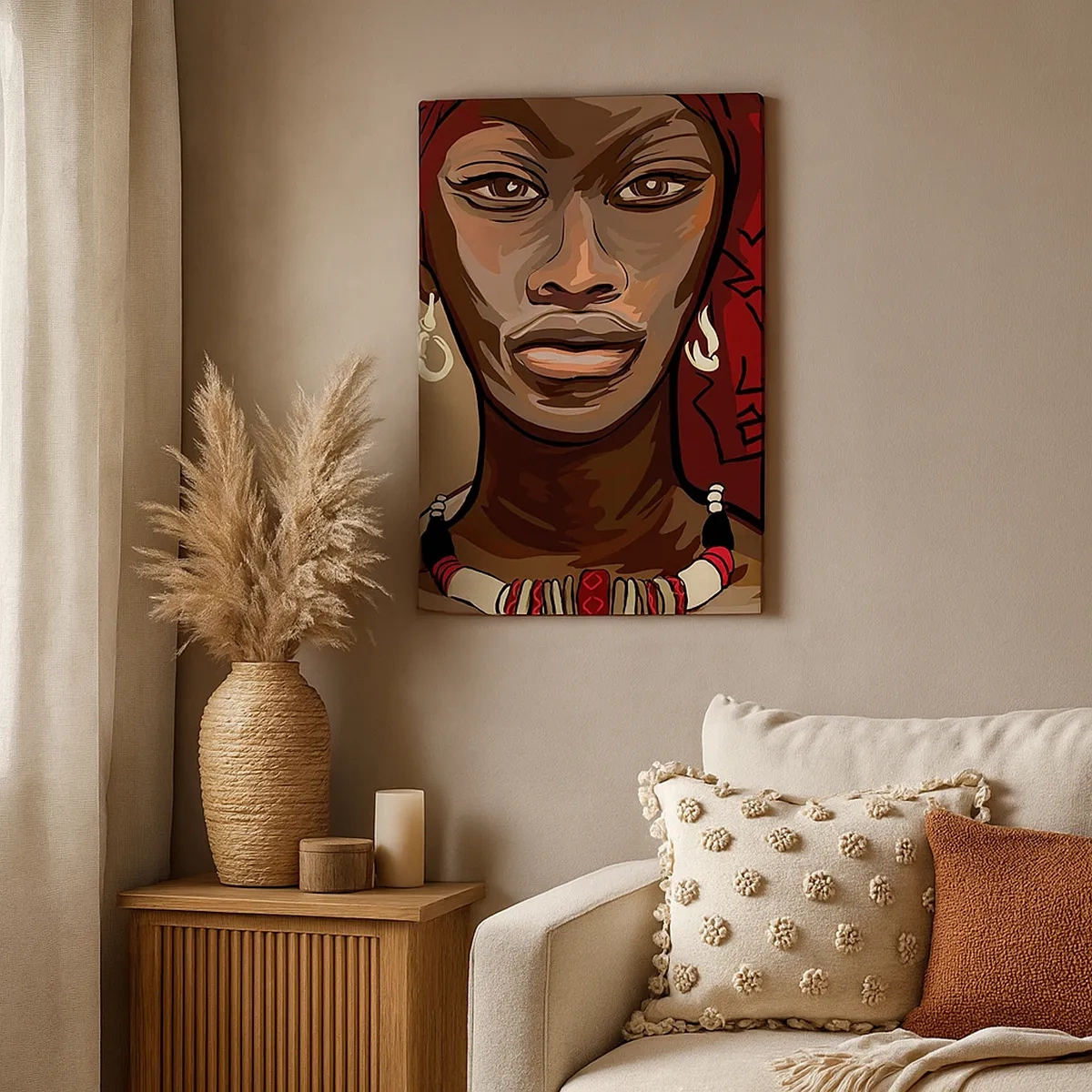 Bild auf Leinwand - Leinwandbild - Porträt einer Frau mit rotem Turban auf beigem Hintergrund - 50x70cm - Venus aus Ebenholz  - Moderne Wanddekoration für Wohnzimmer und Schlafzimmer ARTTOR