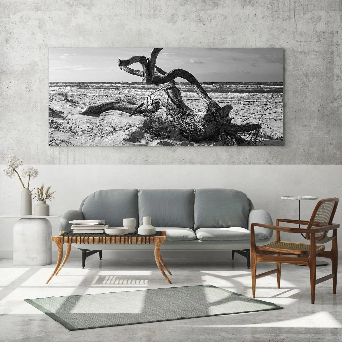 Glasbild - Bild auf glas - Schwarz-weiße Landschaft mit einem toten Baum am Strand - 160x50cm - Meeresskulptur - Moderne Wanddekoration für Wohnzimmer und Schlafzimmer ARTTOR