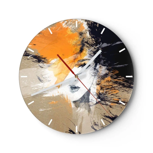 Wanduhr - Glasuhr - Abstraktes Frauenporträt in warmen Orange- und Beigetönen. - 30x30cm - Und es ist Licht - Moderne Wanddekoration für Wohnzimmer, Küche und Schlafzimmer ARTTOR