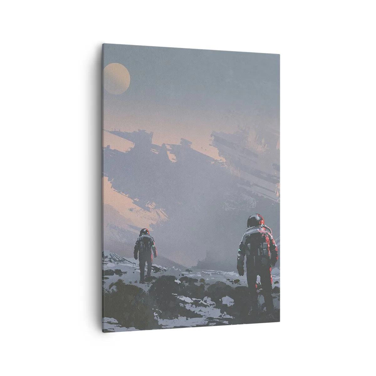 Bild auf Leinwand - Leinwandbild - Astronauten auf einem fremden Planeten mit einem Raumschiffwrack - 70x100cm - Unter einem unbekannten Stern - Moderne Wanddekoration für Wohnzimmer und Schlafzimmer ARTTOR