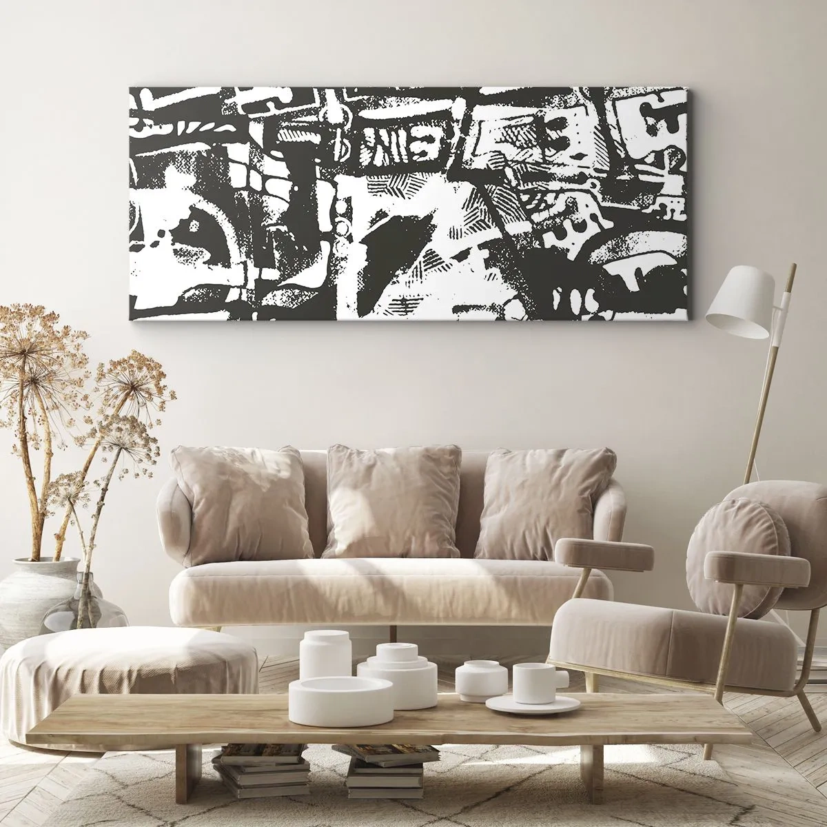 Bild auf Leinwand - Leinwandbild - Abstraktes monochromes Retro-Muster - 140x50cm - Ordnung oder Chaos? - Moderne Wanddekoration für Wohnzimmer und Schlafzimmer ARTTOR