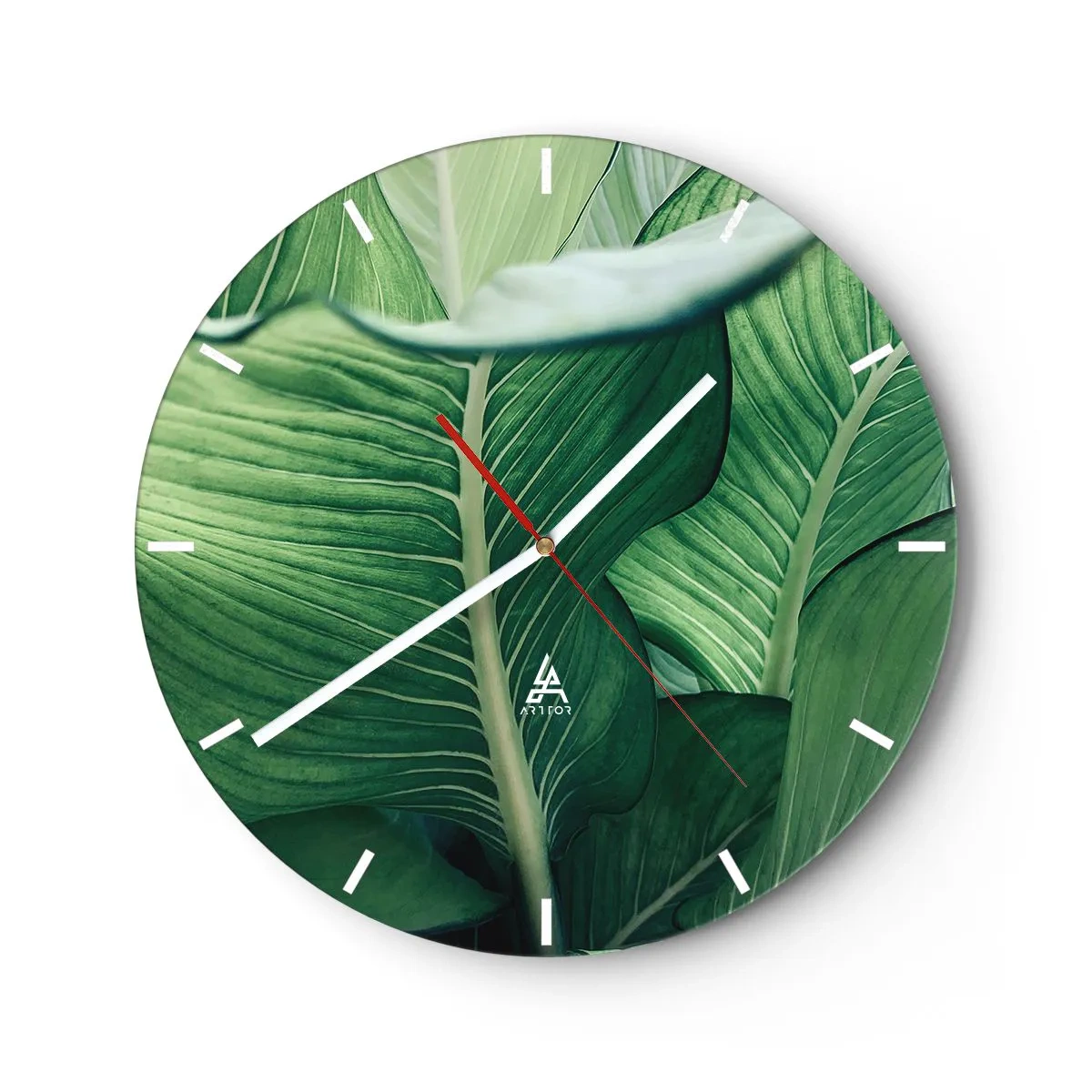 Wanduhr - Glasuhr - Nahaufnahme von intensiv grünen tropischen Blättern - 30x30cm - Intensiv grünes Leben - Moderne Wanddekoration für Wohnzimmer, Küche und Schlafzimmer ARTTOR