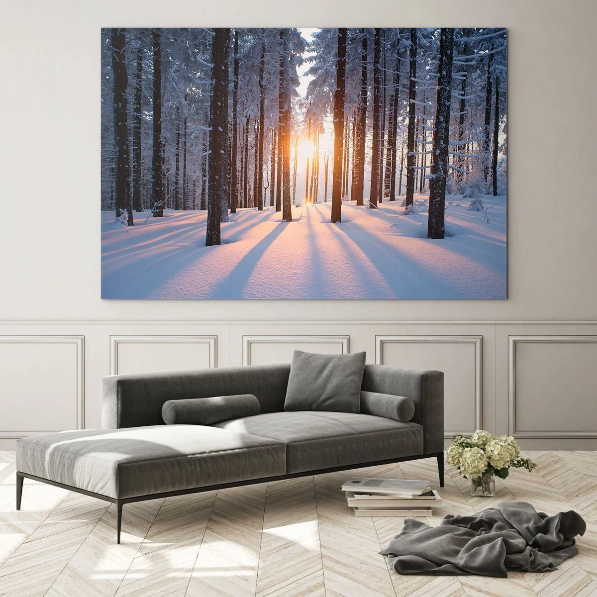Glasbild - Bild auf glas - Winterwald mit Sonnenstrahlen, die durch die Bäume scheinen - 70x50cm - Ganz klar schwarz auf weiß - Moderne Wanddekoration für Wohnzimmer und Schlafzimmer ARTTOR