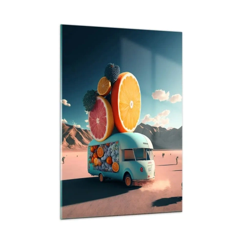 Glasbild - Bild auf glas - Ein türkisfarbener Camper mit Früchten vor einer Wüstenlandschaft - 50x70cm - Geschmack von Urlaub - Moderne Wanddekoration für Wohnzimmer und Schlafzimmer ARTTOR