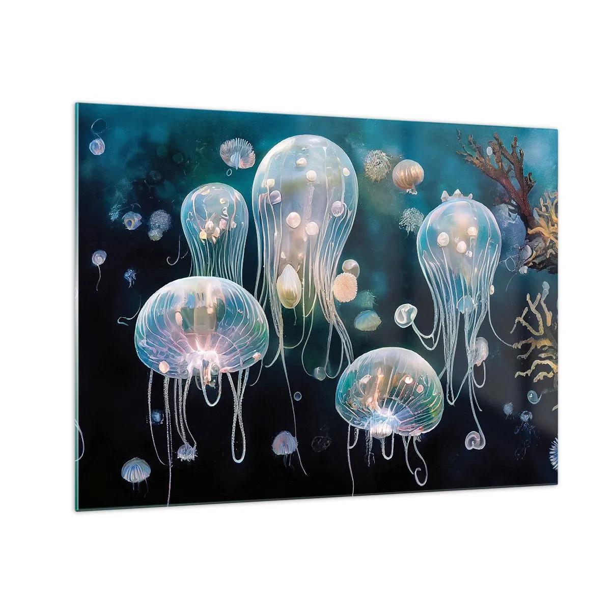 Glasbild - Bild auf glas - Quallen im leuchtenden Tanz der Unterwasserwelt - 70x50cm - Unterwasserball - Moderne Wanddekoration für Wohnzimmer und Schlafzimmer ARTTOR