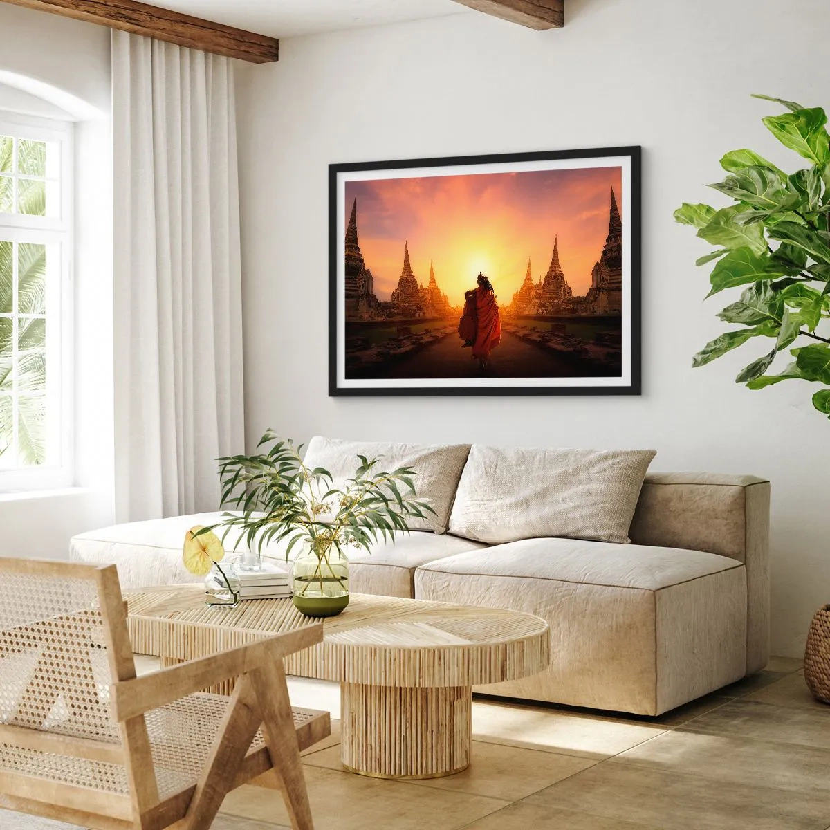 Poster in einem schwarzem Rahmen - Ein Mönch zwischen den Tempeln bei Sonnenuntergang - 100x70cm - In Frieden für die Ewigkeit - Moderne Wanddekoration für Wohnzimmer und Schlafzimmer ARTTOR