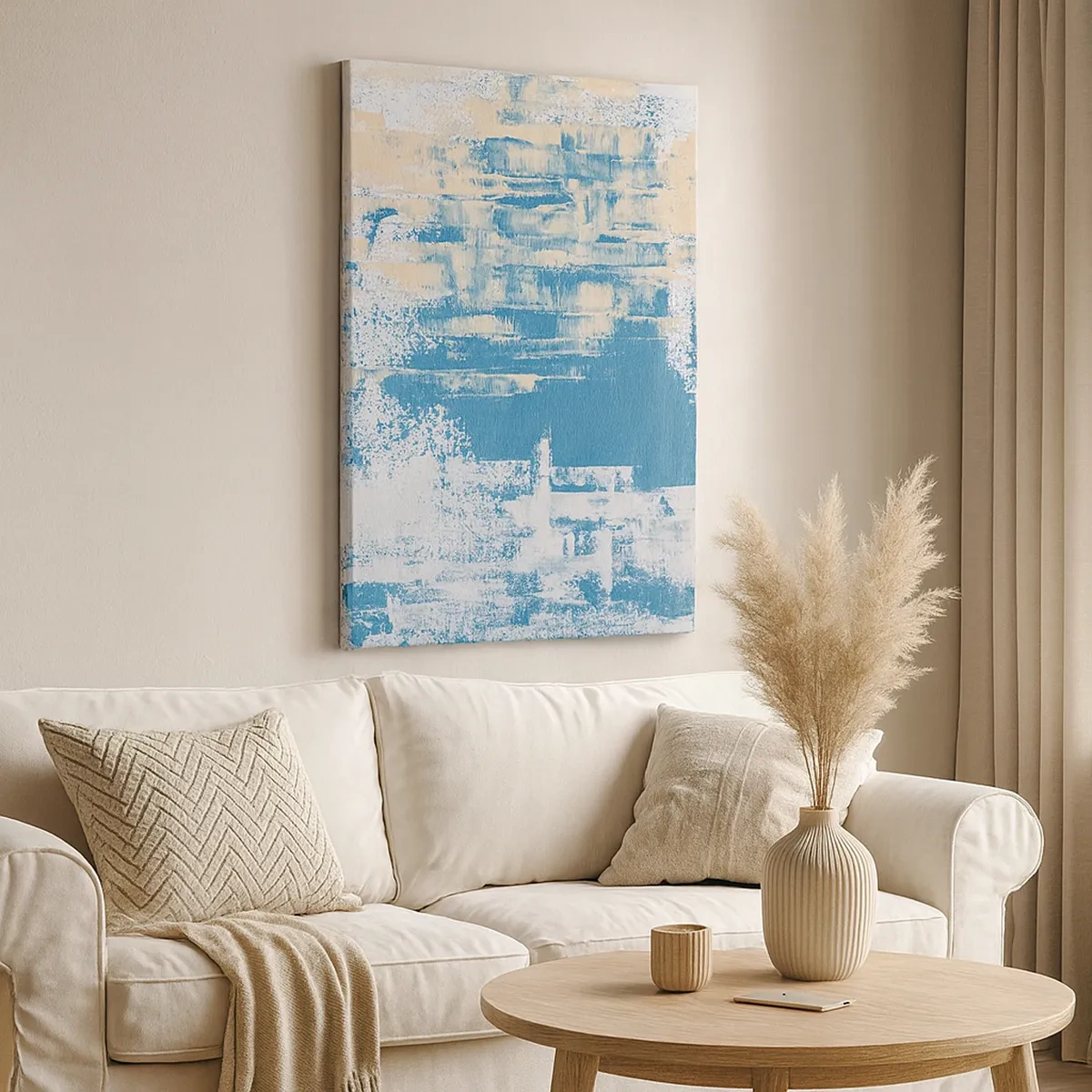 Bild auf Leinwand - Leinwandbild - Abstrakte Komposition in Blau- und Weißtönen - 50x70cm - Durch einen Eiszapfen - Moderne Wanddekoration für Wohnzimmer und Schlafzimmer ARTTOR