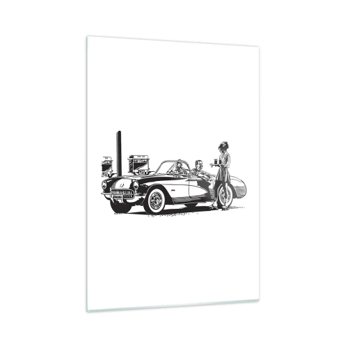 Glasbild - Bild auf glas - Kreative Grafiken mit einem Oldtimer und Figuren - 50x70cm - 60. - unbeschwertes Amerika - Moderne Wanddekoration für Wohnzimmer und Schlafzimmer ARTTOR