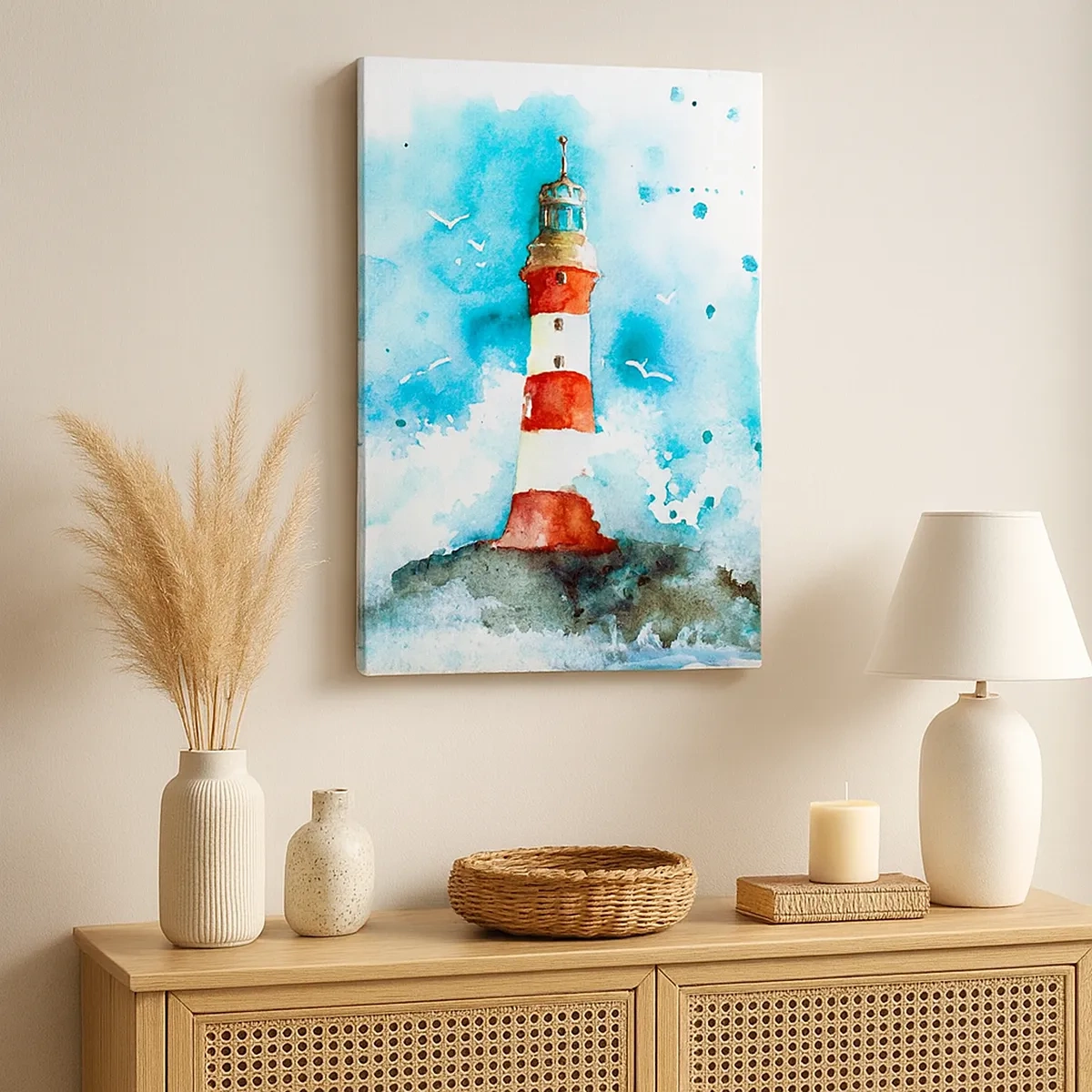 Bild auf Leinwand - Leinwandbild - Ein Leuchtturm in einer Aquarellumgebung mit blauem Hintergrund - 50x70cm - Einheit der Elemente - Moderne Wanddekoration für Wohnzimmer und Schlafzimmer ARTTOR